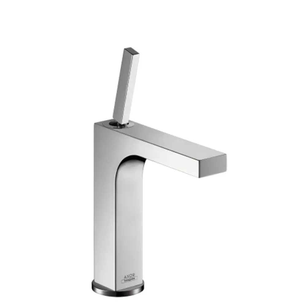 Einhebel-Waschtischmischer aus Chrom von AXOR mit quadratischem Design und seitlichem Hebel zur Steuerung des Wasserflusses.